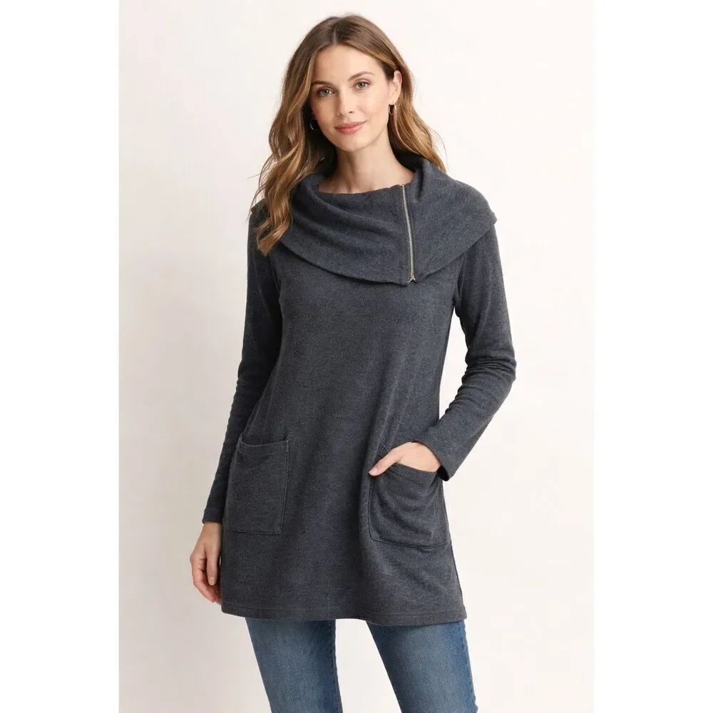 Chalet Cowl Neck Tunic Sweater Medium Gray Cotton USA Pockets